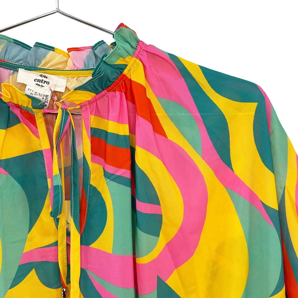 ENTRO Retro Print Ruffle Blouse NWT • Small • pink yellow green • bright funky - Picture 2 of 7